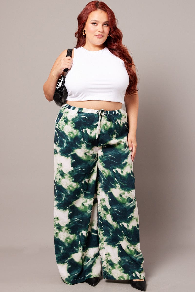 Green Abstract Wide Leg Pants High Rise for YouandAll Fashion