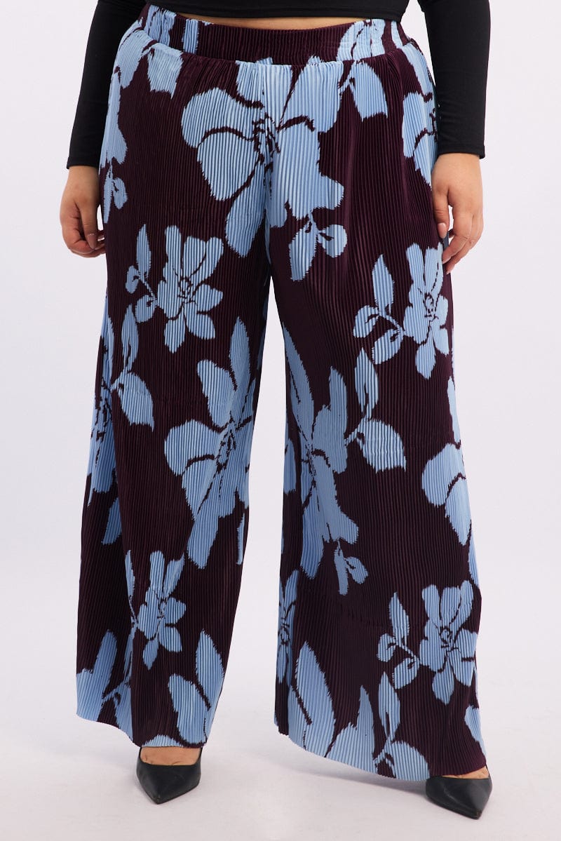 Purple Floral Plisse Pleat Elastic Waist Wide Leg Pants for YouandAll Fashion