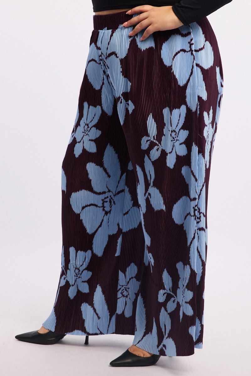 Purple Floral Plisse Pleat Elastic Waist Wide Leg Pants for YouandAll Fashion