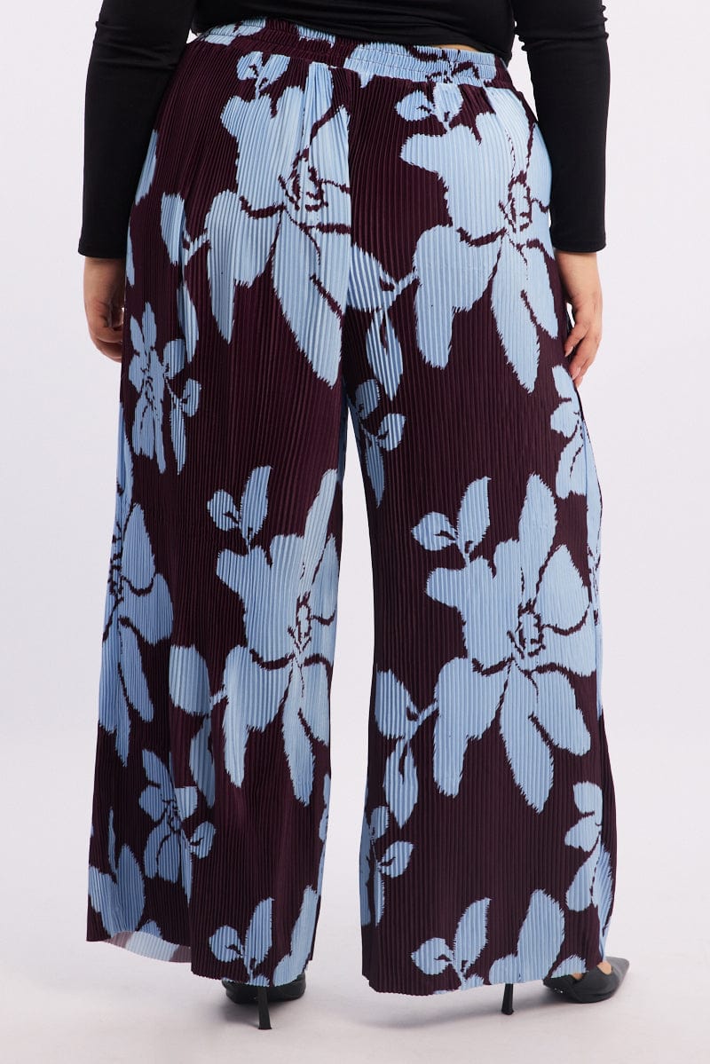 Purple Floral Plisse Pleat Elastic Waist Wide Leg Pants for YouandAll Fashion