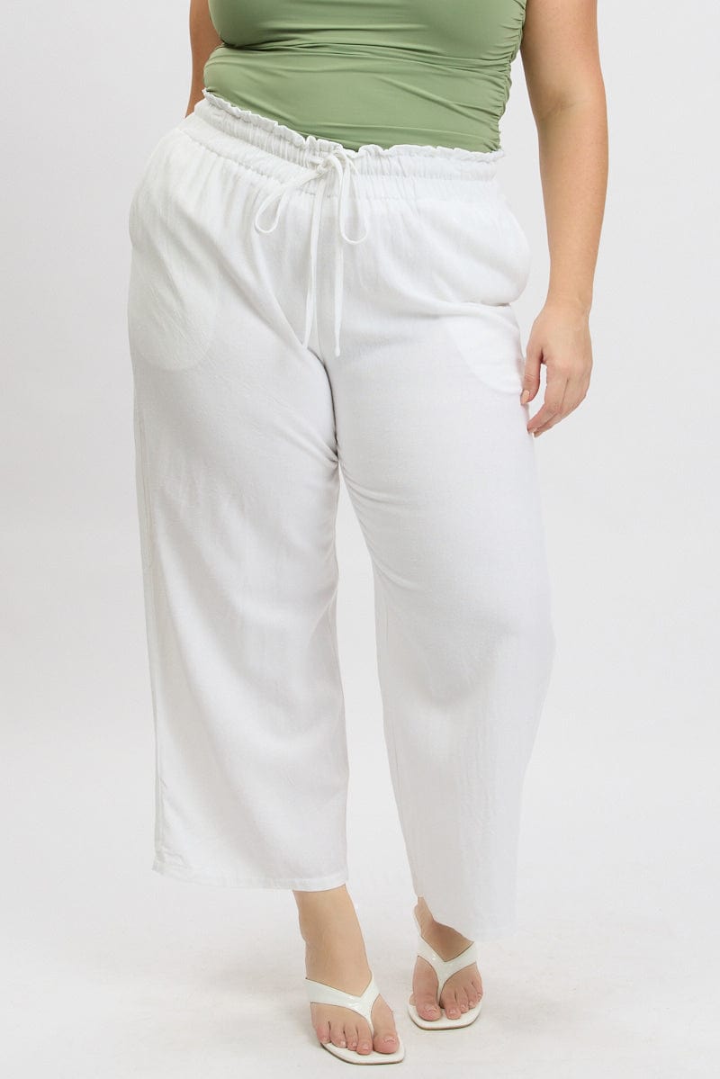 White Wideleg Pants Paperbag Elastic Waist Linen Blend for YouandAll Fashion