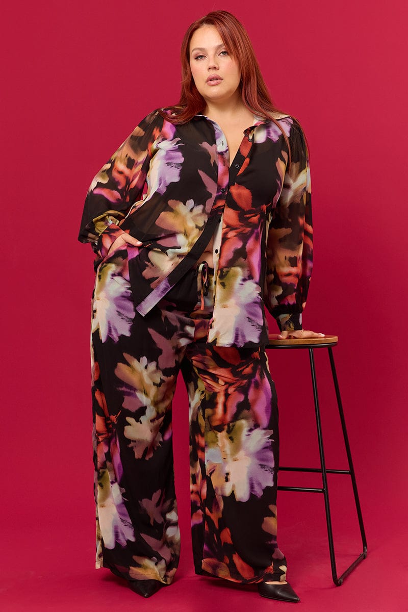 Multi Abstract Blurred Lined Wide Leg Pants for YouandAll Fashion