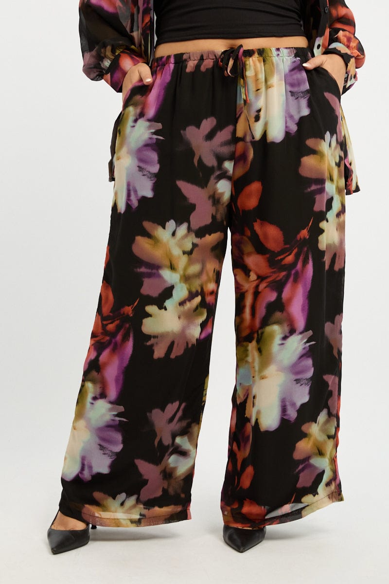 Multi Abstract Blurred Lined Wide Leg Pants for YouandAll Fashion