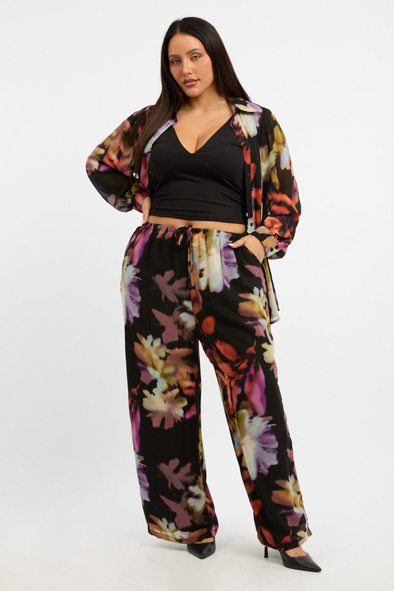 Multi Abstract Blurred Lined Wide Leg Pants for YouandAll Fashion