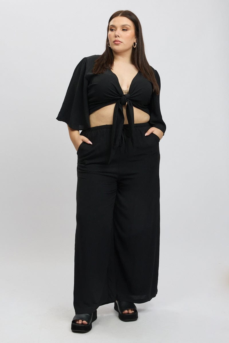 Black Textured Georgette Lined Wide Leg Pants for YouandAll Fashion