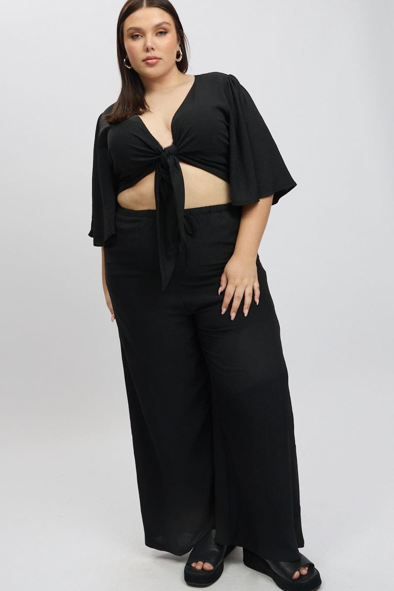 Black Textured Georgette Lined Wide Leg Pants for YouandAll Fashion