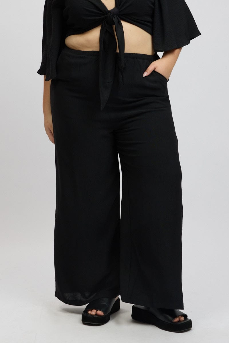 Black Textured Georgette Lined Wide Leg Pants for YouandAll Fashion