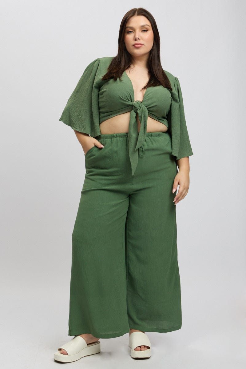 Green Textured Georgette Lined Wide Leg Pants for YouandAll Fashion