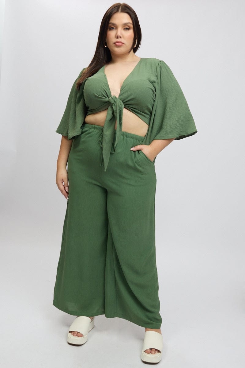 Green Textured Georgette Lined Wide Leg Pants for YouandAll Fashion