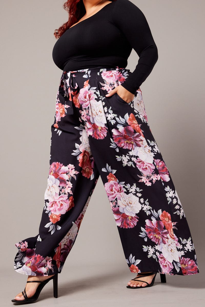 Black Floral Wide Leg Pants Belted for YouandAll Fashion