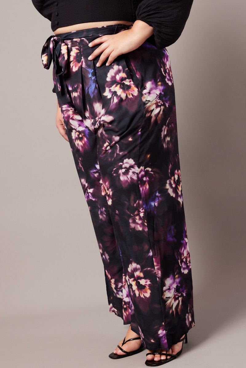 Black Floral Wide Leg Pants Belted for YouandAll Fashion