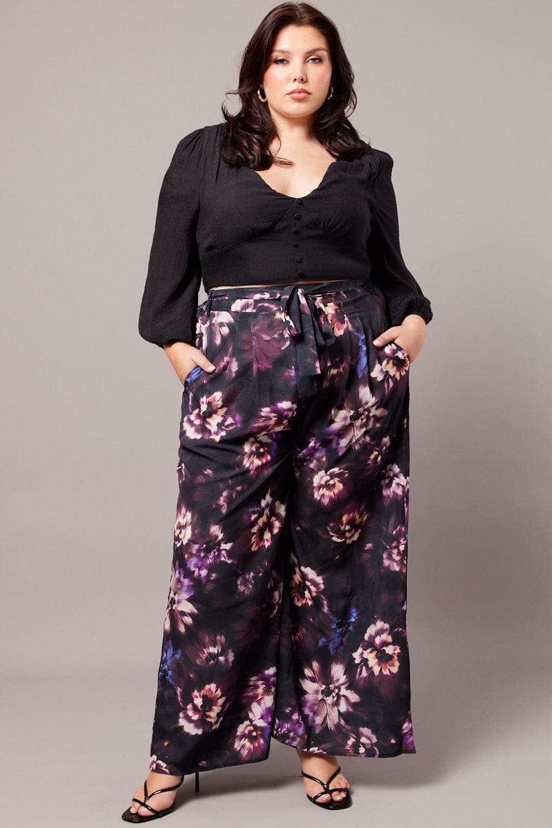 Black Floral Wide Leg Pants Belted for YouandAll Fashion