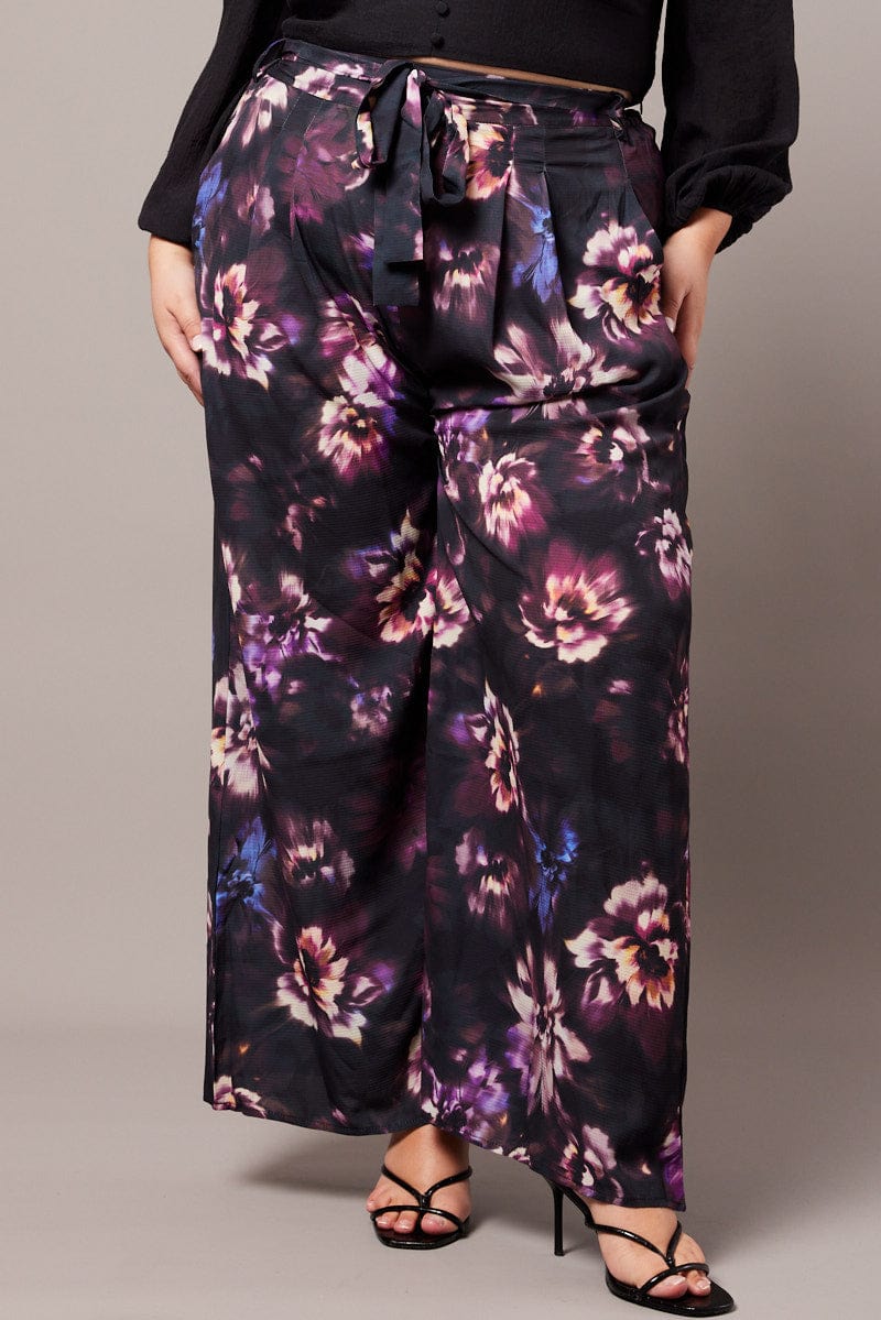 Black Floral Wide Leg Pants Belted for YouandAll Fashion