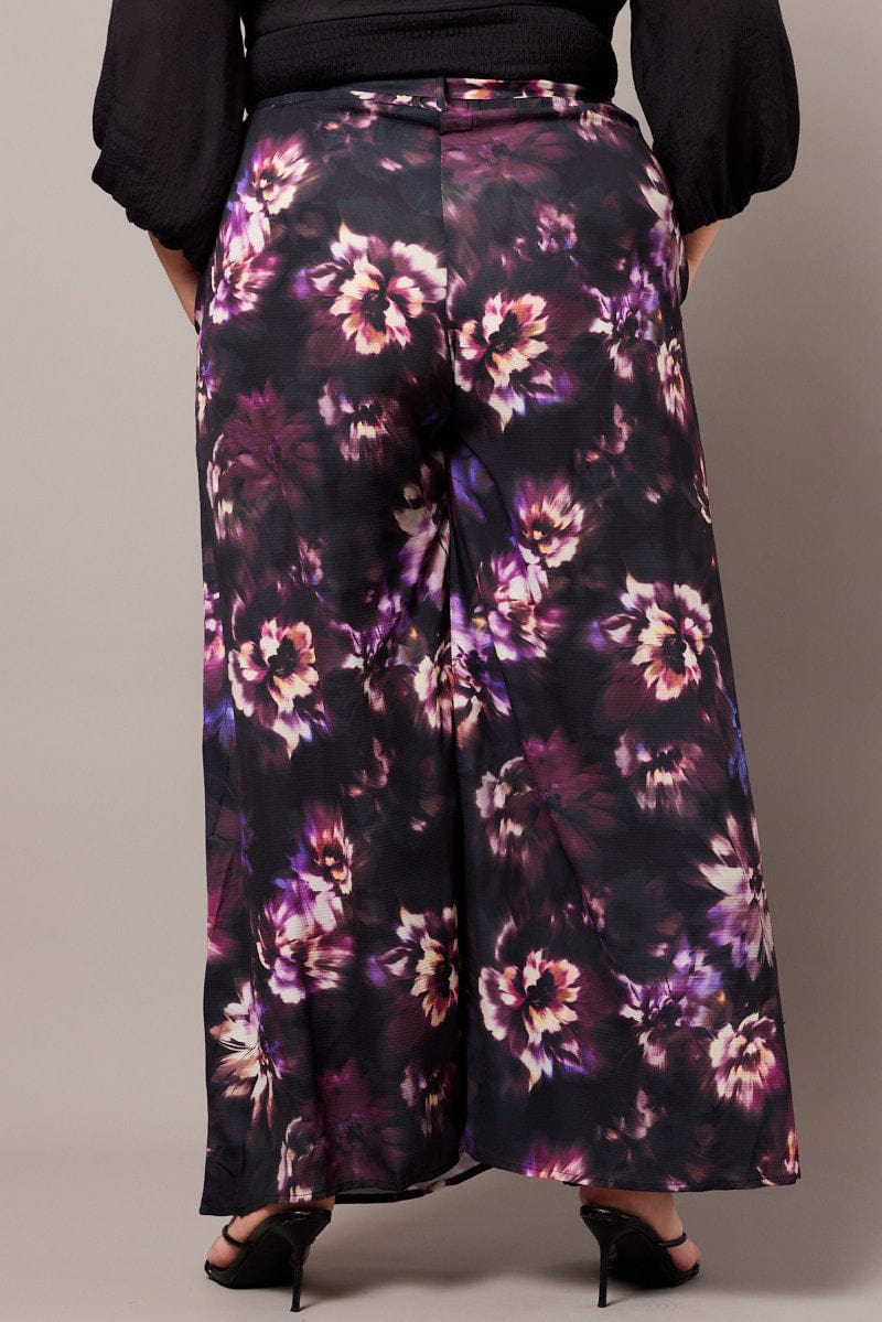 Black Floral Wide Leg Pants Belted for YouandAll Fashion