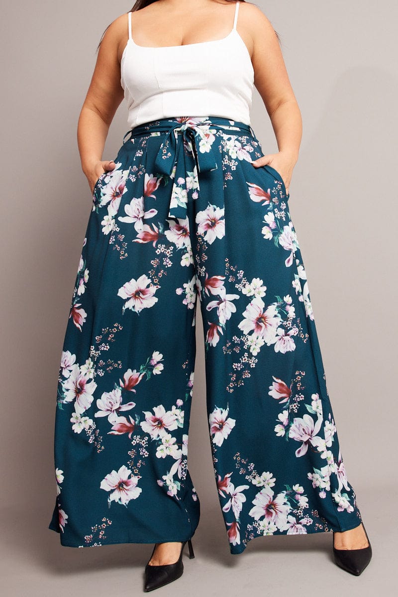 Green Floral Wide Leg Pants Belted for YouandAll Fashion