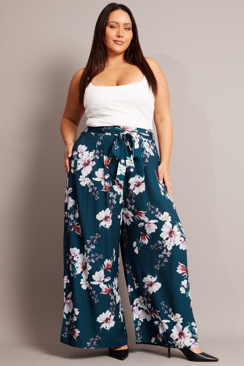 Green Floral Wide Leg Pants Belted for YouandAll Fashion