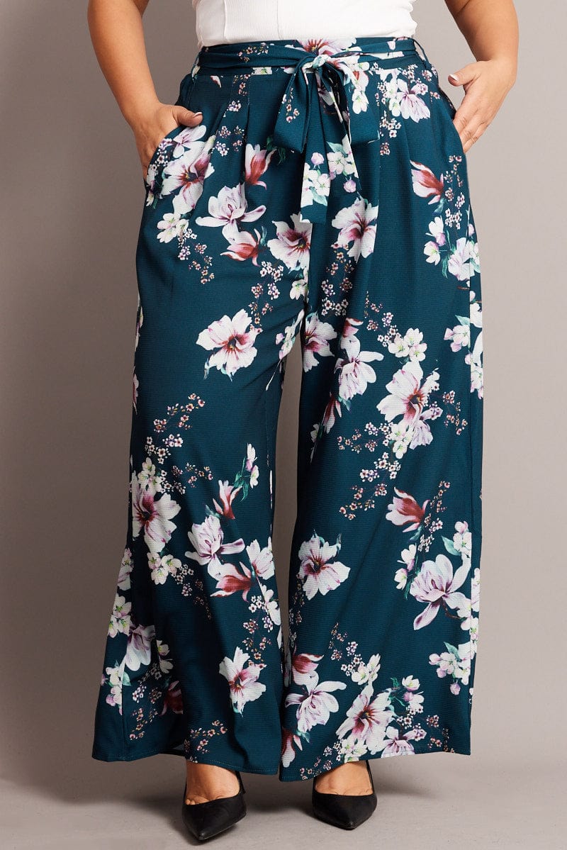 Green Floral Wide Leg Pants Belted for YouandAll Fashion