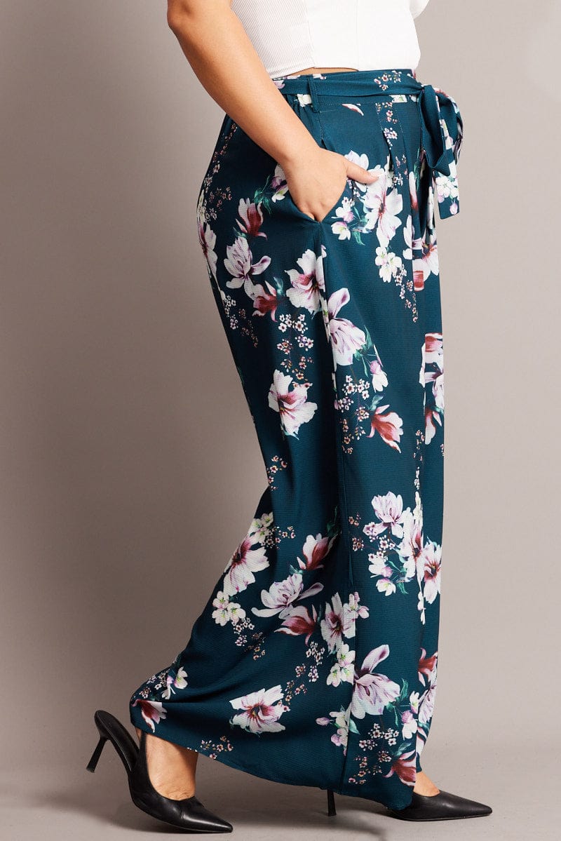 Green Floral Wide Leg Pants Belted for YouandAll Fashion