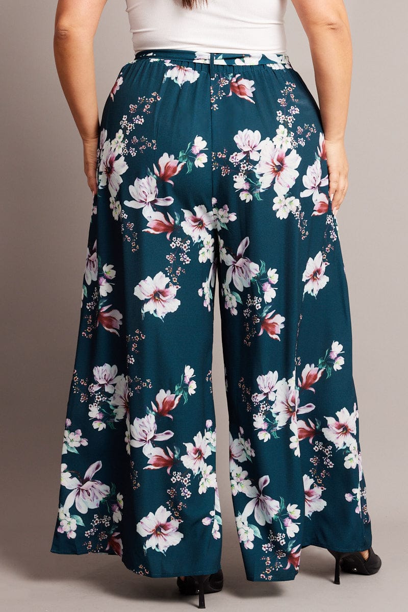 Green Floral Wide Leg Pants Belted for YouandAll Fashion