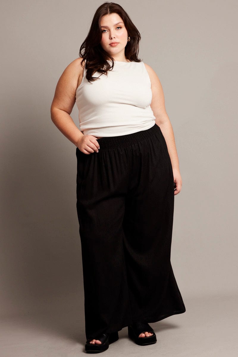 Black Shirred Waist Wide Leg Pants for YouandAll Fashion