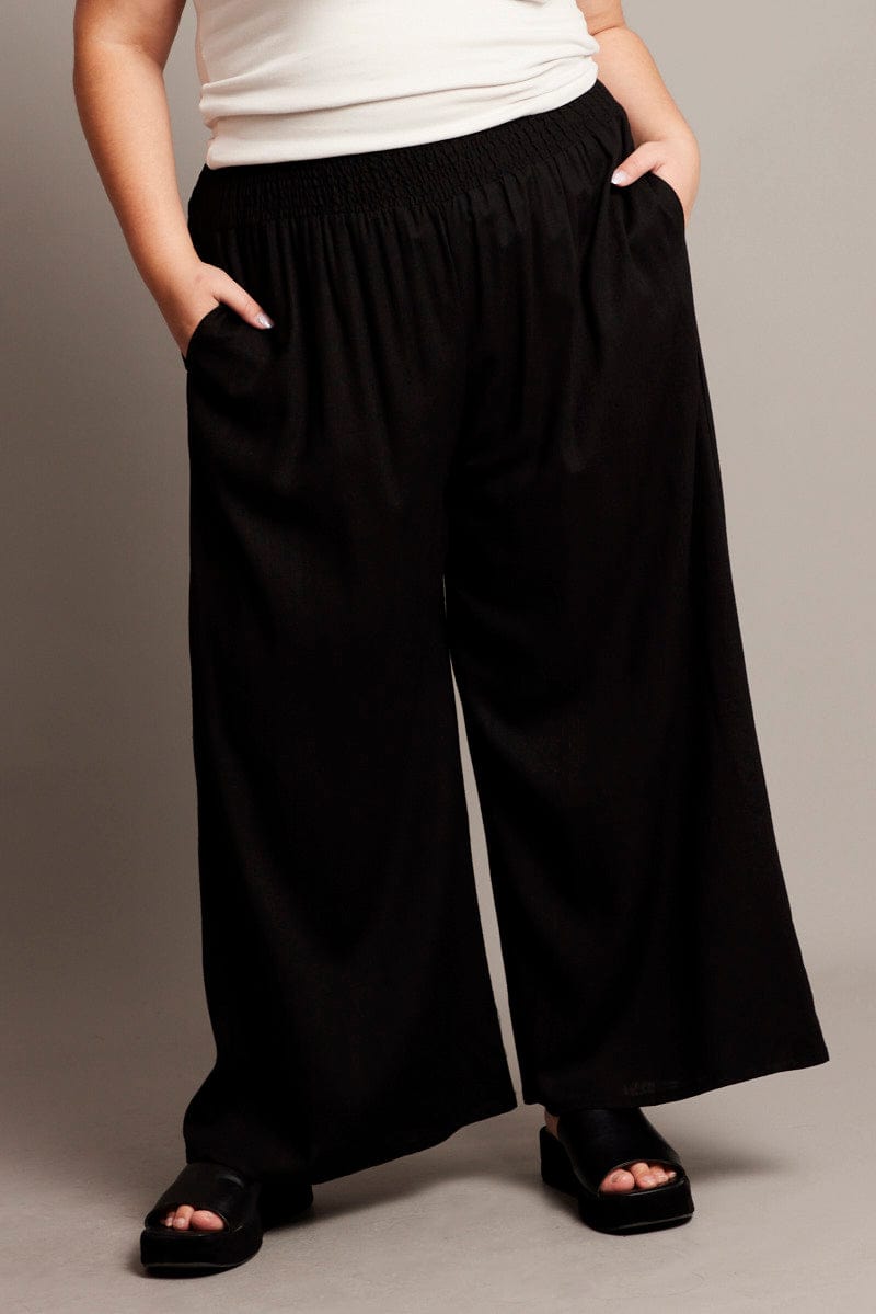 Black Shirred Waist Wide Leg Pants for YouandAll Fashion