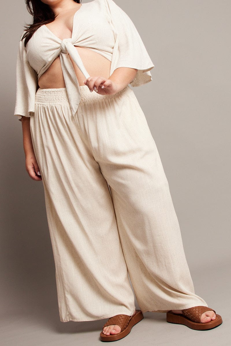 Beige Shirred Waist Wide Leg Pants for YouandAll Fashion