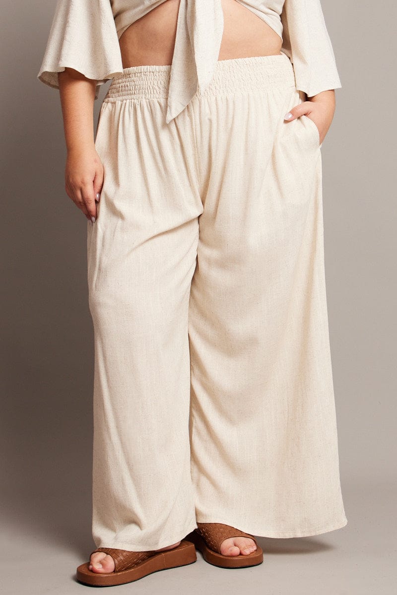 Beige Shirred Waist Wide Leg Pants for YouandAll Fashion