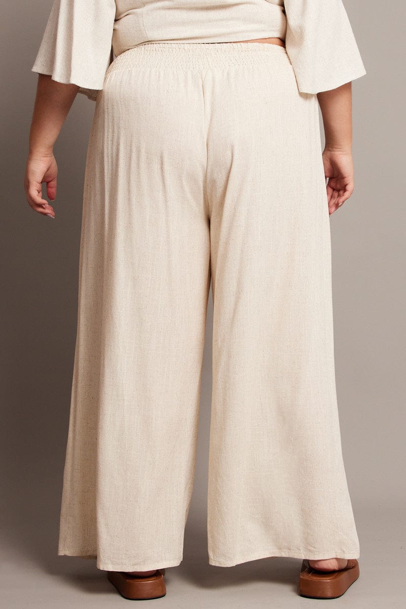 Beige Shirred Waist Wide Leg Pants for YouandAll Fashion