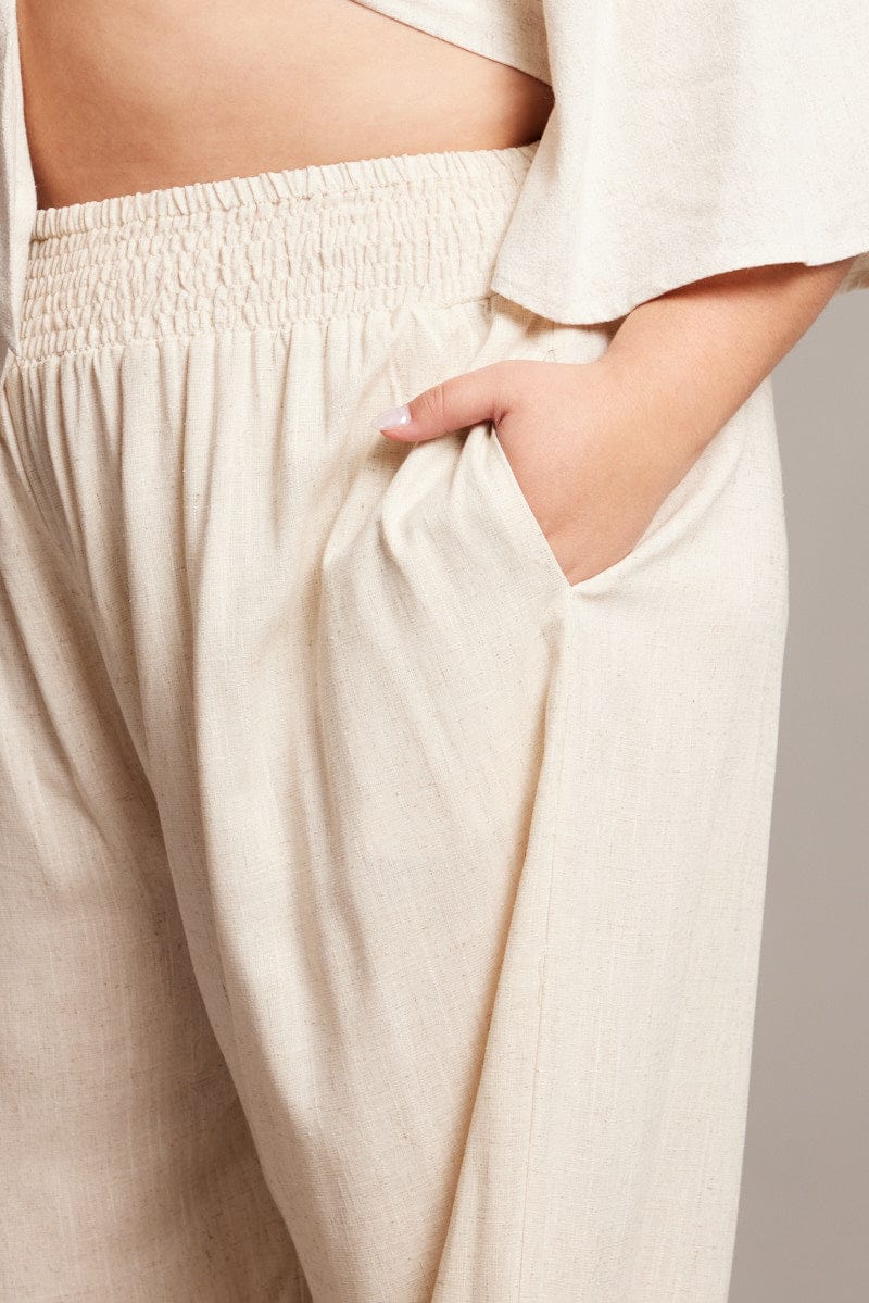 Beige Shirred Waist Wide Leg Pants for YouandAll Fashion