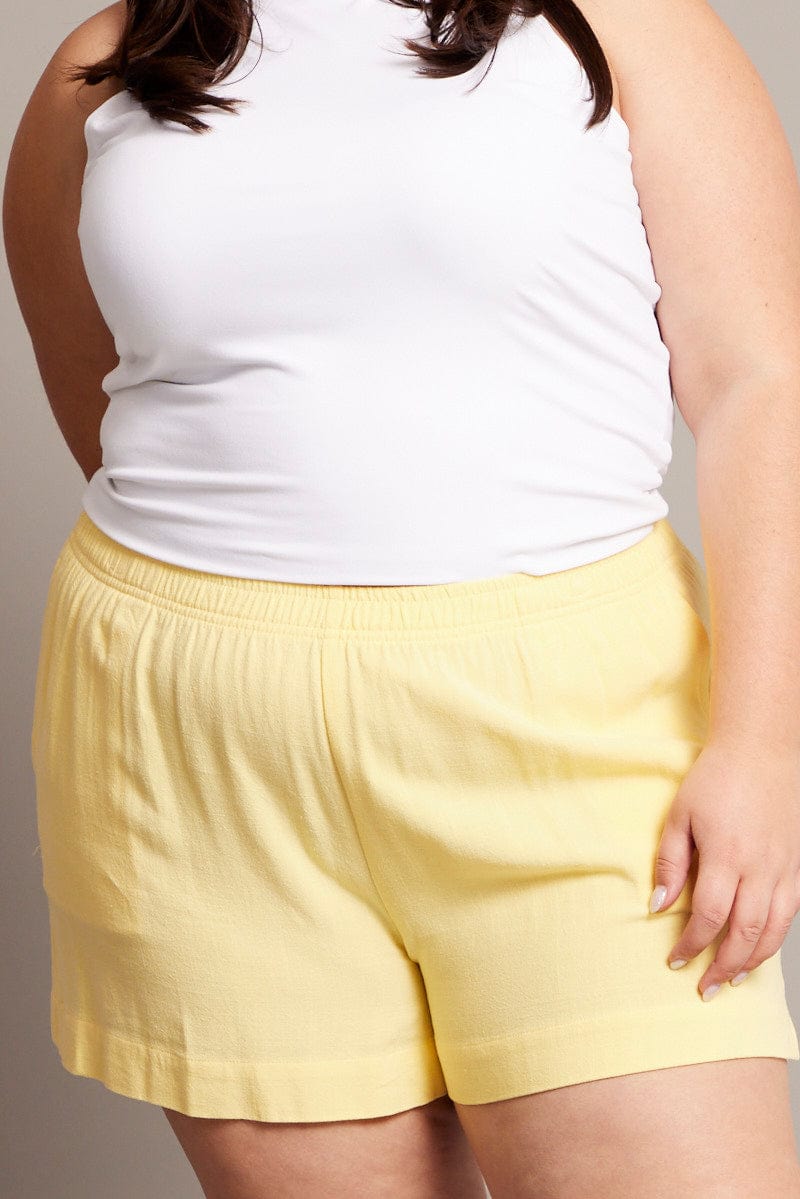 Yellow Elastic Waist Lined Linen Blend Shorts for YouandAll Fashion