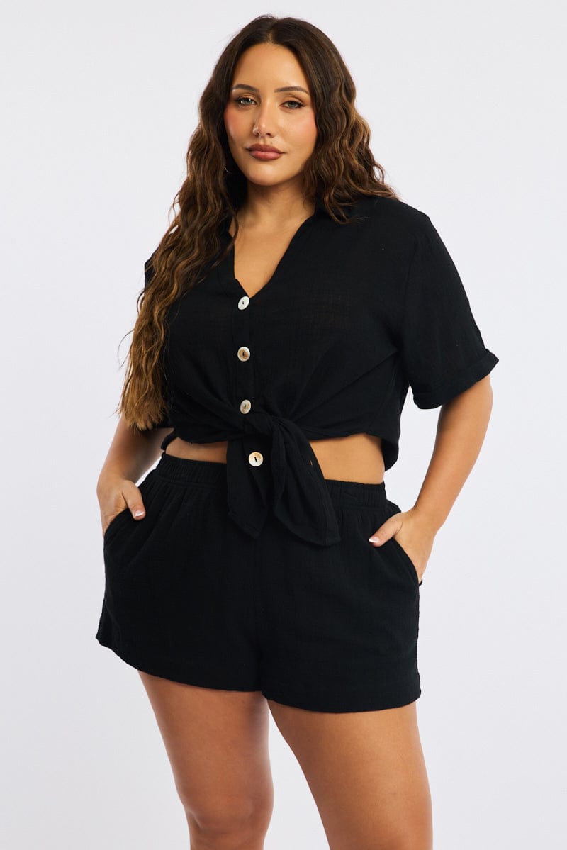Black Relaxed Shorts Elastic Waist for YouandAll Fashion