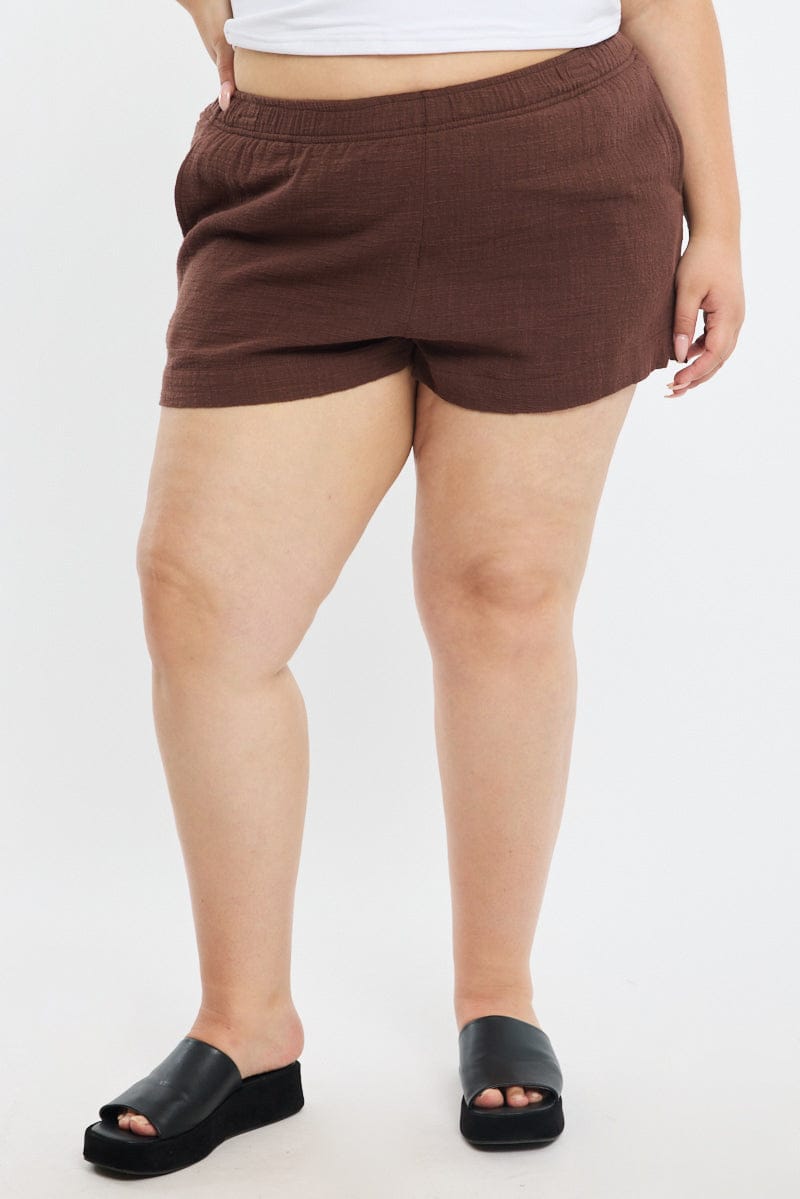 Brown Relaxed Shorts Elastic Waist for YouandAll Fashion