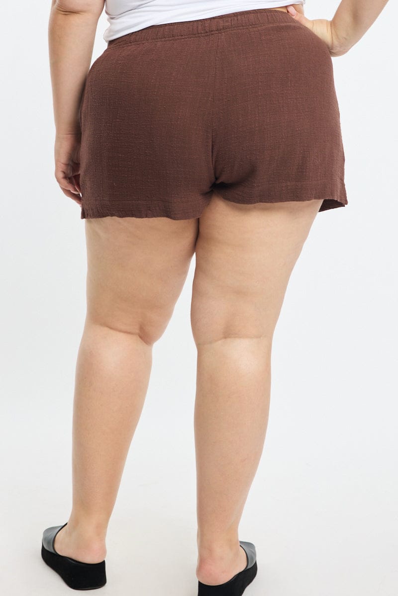Brown Relaxed Shorts Elastic Waist for YouandAll Fashion