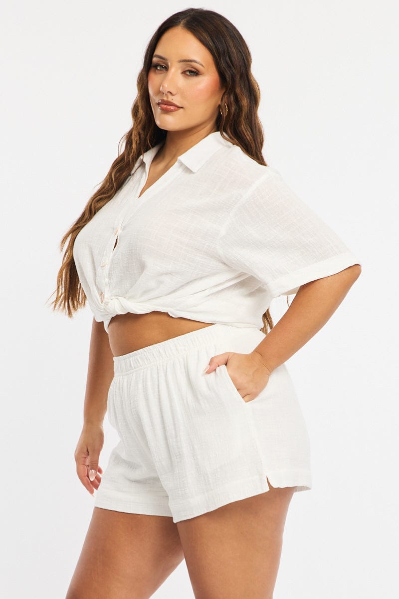 White Relaxed Shorts Elastic Waist for YouandAll Fashion