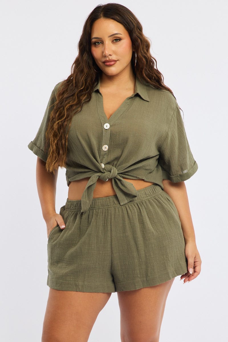 Green Relaxed Shorts Elastic Waist for YouandAll Fashion