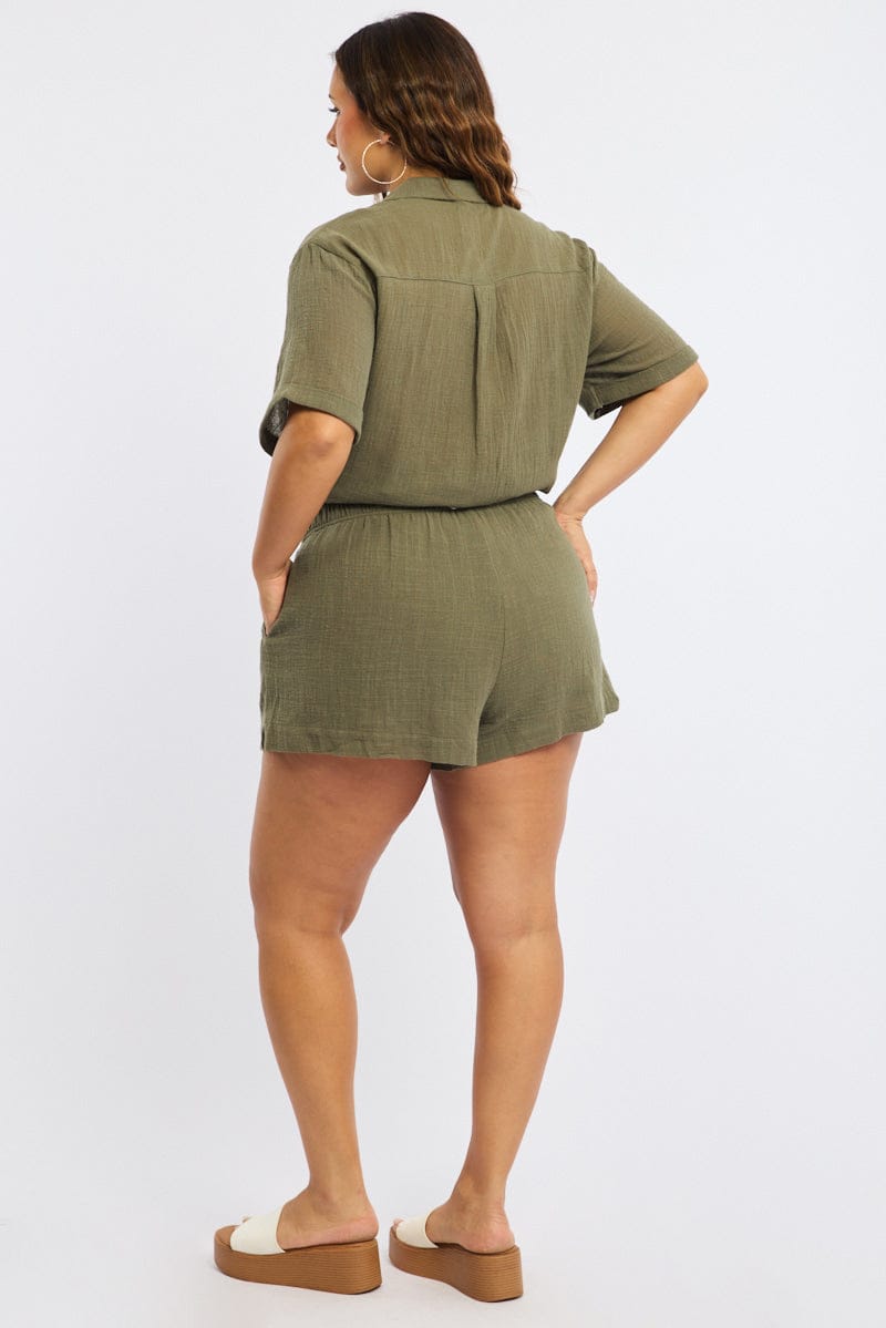 Green Relaxed Shorts Elastic Waist for YouandAll Fashion