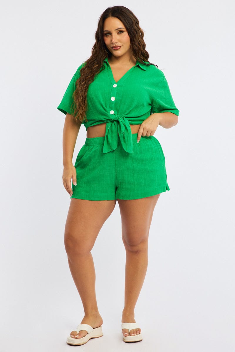 Green Relaxed Shorts Elastic Waist for YouandAll Fashion