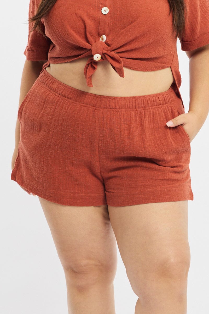Brown Relaxed Shorts Elastic Waist for YouandAll Fashion
