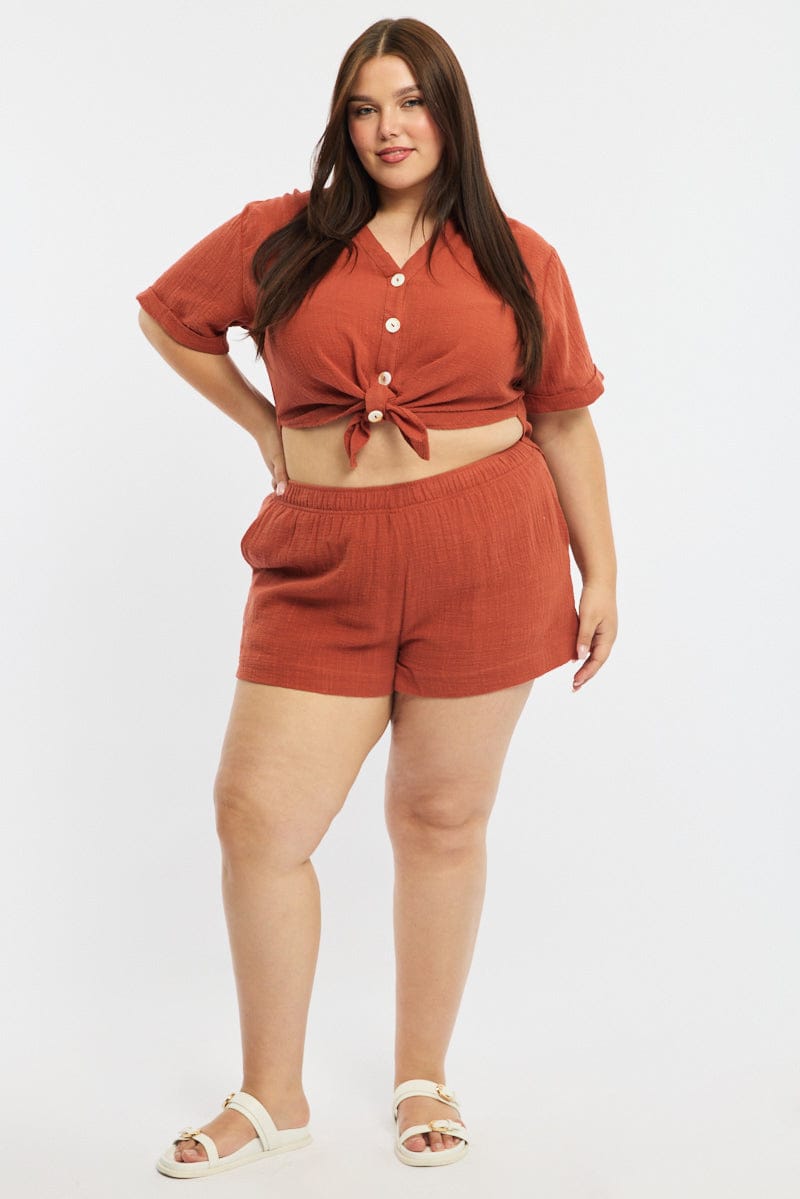 Brown Relaxed Shorts Elastic Waist for YouandAll Fashion