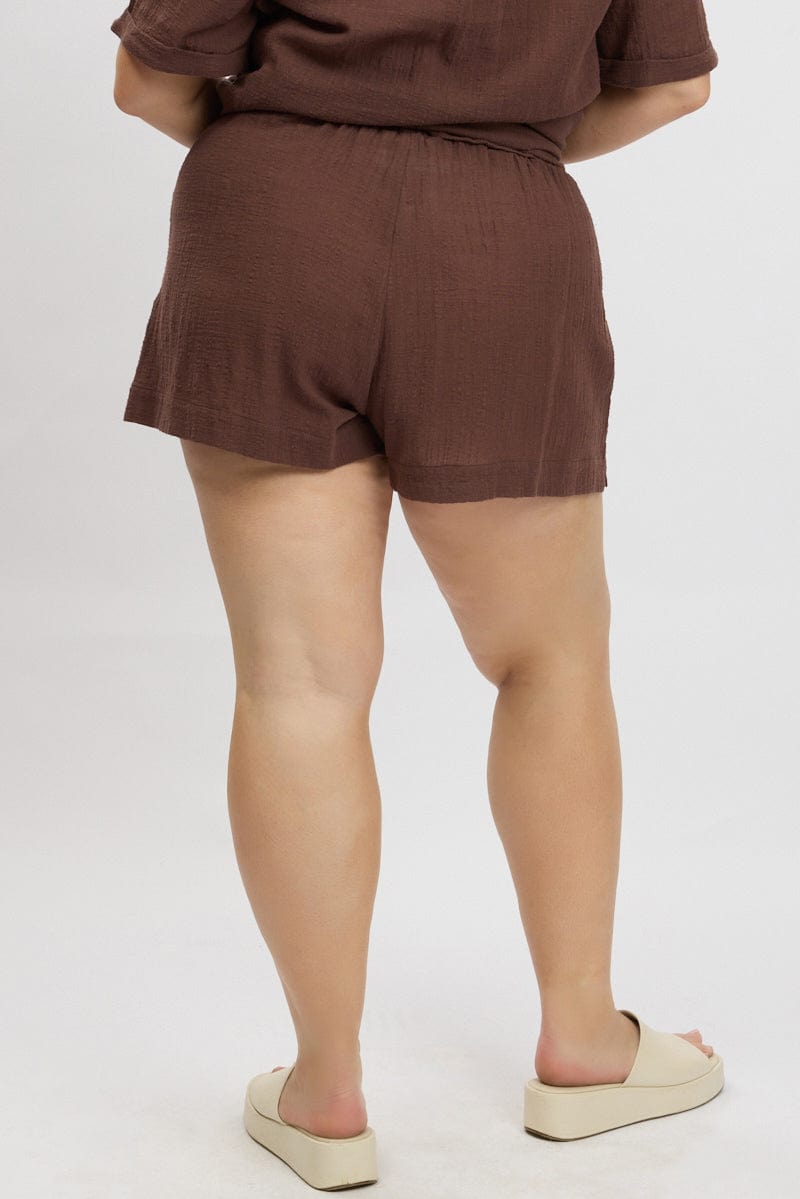 Brown Elastic Waist Pull On Cotton Shorts for YouandAll Fashion