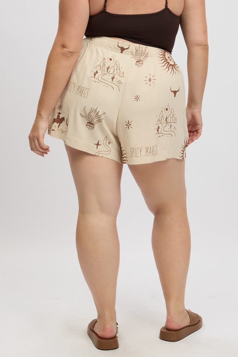 Beige Abstract Elastic Waist Linen Blend Shorts for YouandAll Fashion