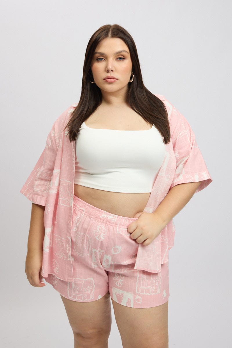 Pink Abstract Elastic Waist Shorts for YouandAll Fashion
