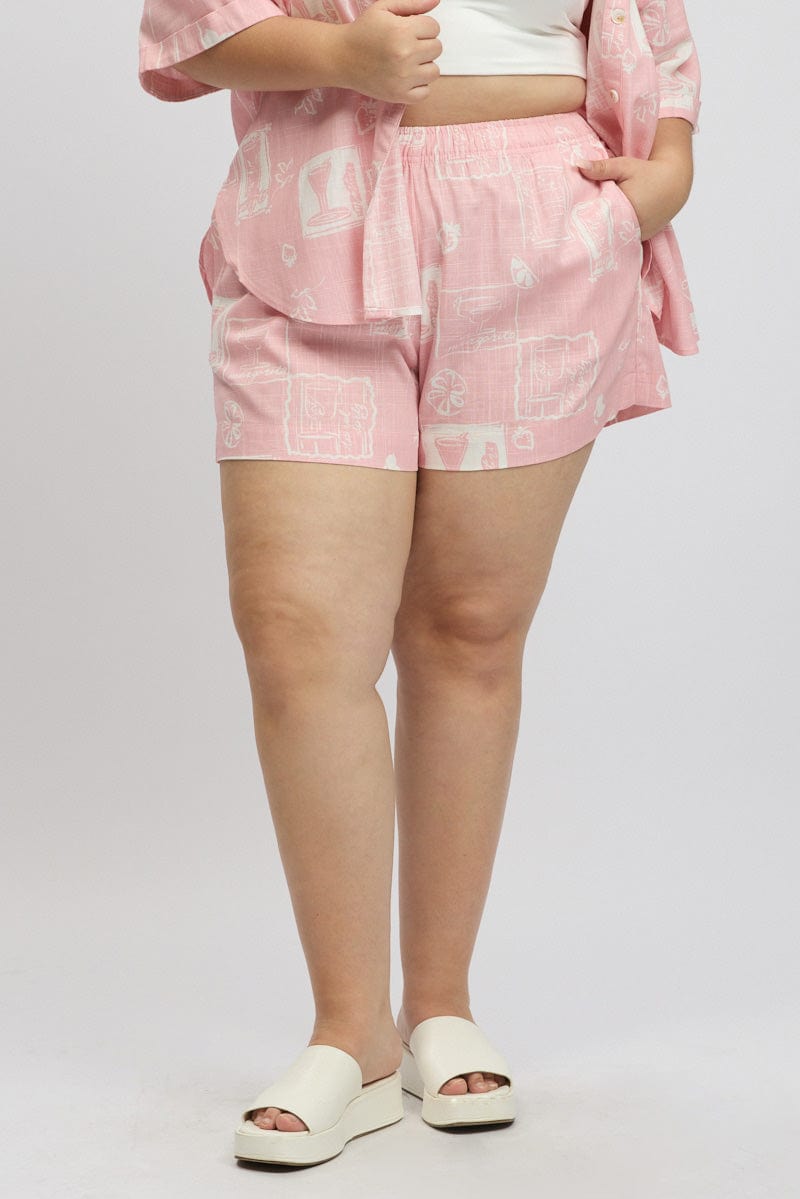Pink Abstract Elastic Waist Shorts for YouandAll Fashion