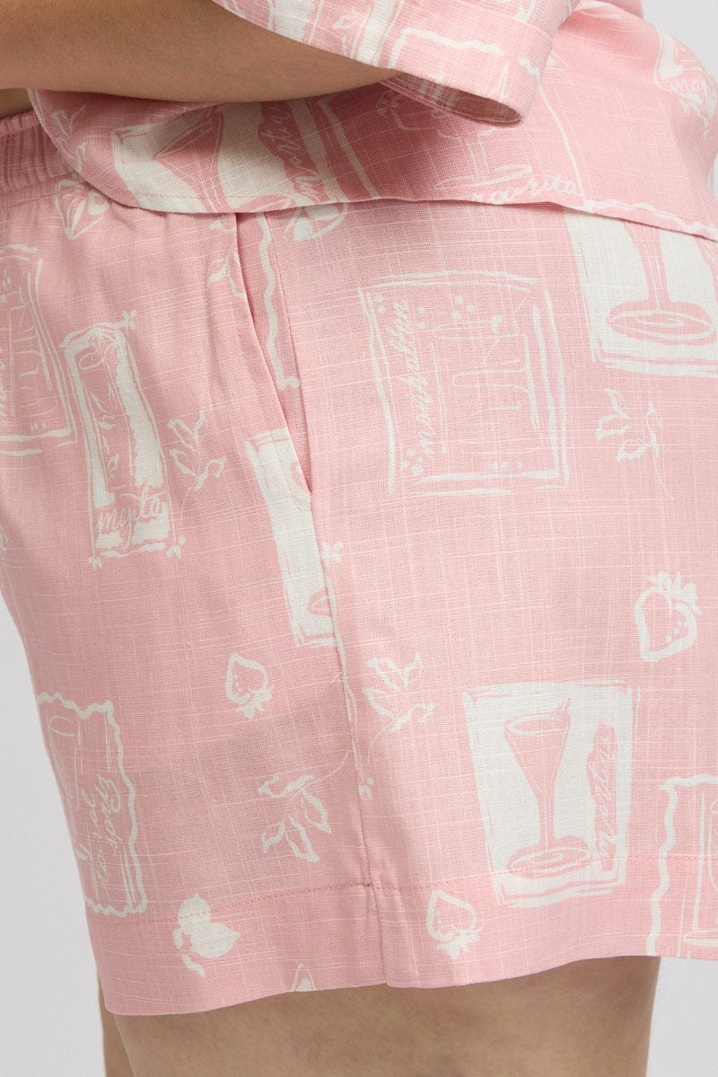 Pink Abstract Elastic Waist Shorts for YouandAll Fashion