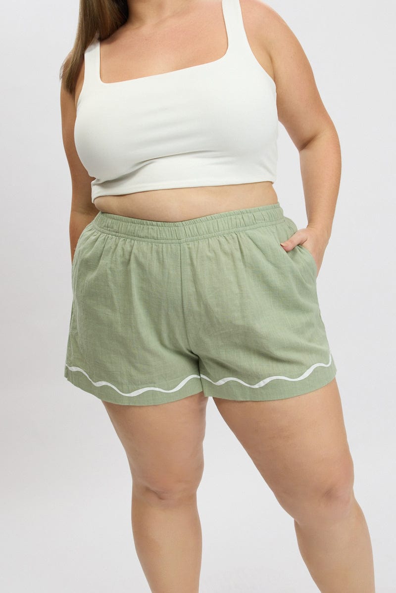 Green Elastic Waist Pull On Shorts for YouandAll Fashion