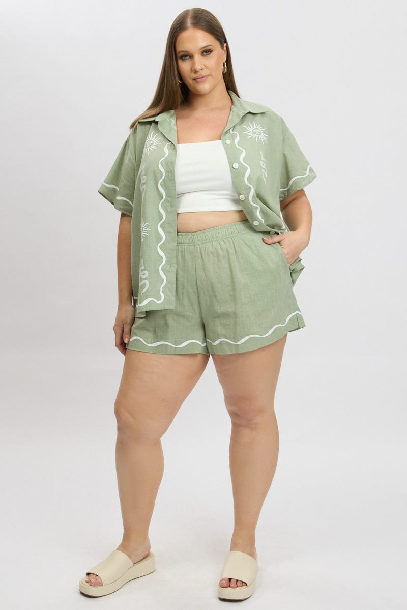 Green Elastic Waist Pull On Shorts for YouandAll Fashion