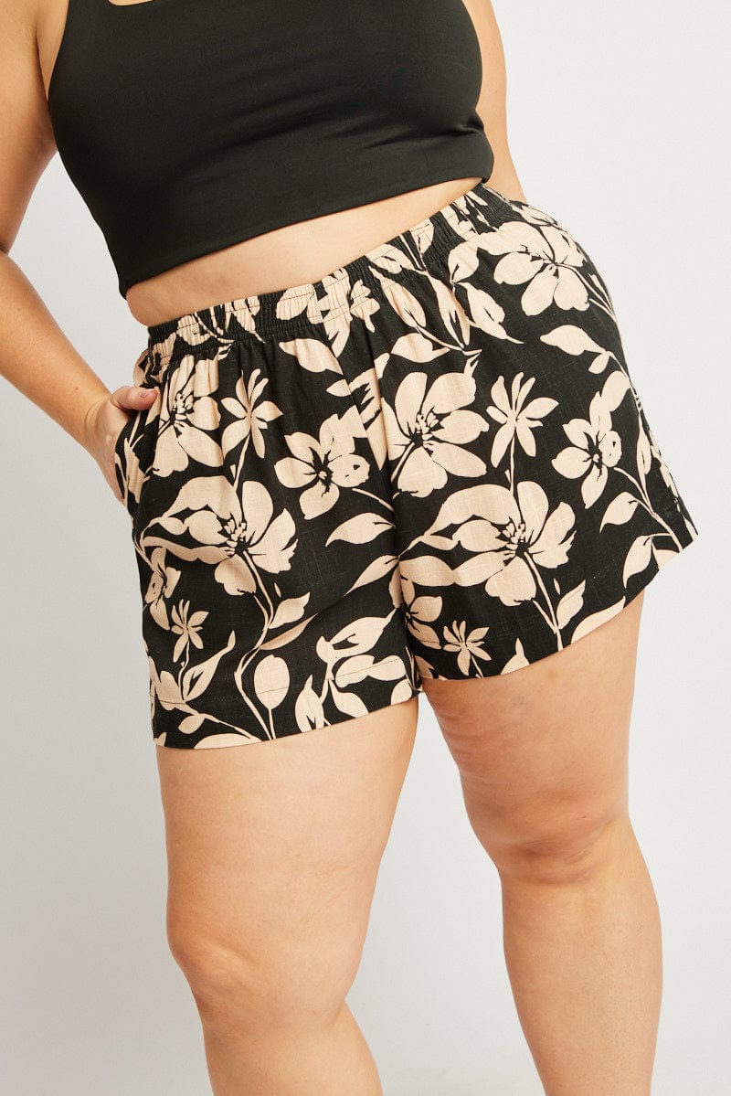 Black Floral Elastic Waist Linen Blend Shorts for YouandAll Fashion