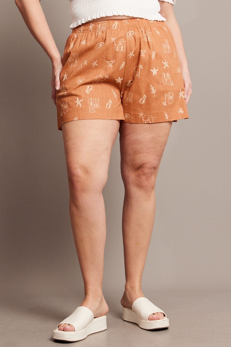 Brown Abstract Relaxed Shorts High Rise for YouandAll Fashion