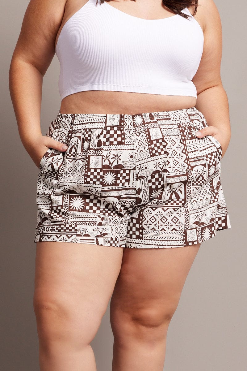 Beige Abstract Relaxed Shorts High Rise for YouandAll Fashion