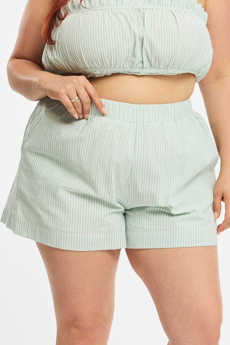 Green Stripe Shorts Elastic Waist for YouandAll Fashion